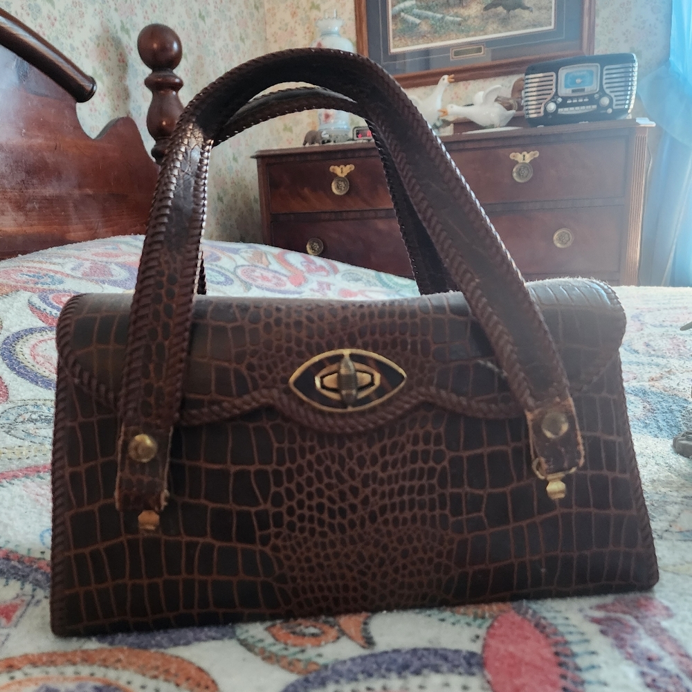 Vintage Antique Crocodile Handbag double handle twist closure